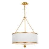 Alice Drum Chandelier 24", Antique Gold with Fabric Shade, angled view showing white drum fabric shade and chain