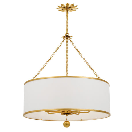 Alice Drum Chandelier 29", Antique Gold with Fabric Shade, front view showing white fabric drum shade and antique gold chains