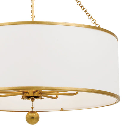 Alice Drum Chandelier 29", Antique Gold with Fabric Shade, close-up from below showing antique gold arms and ball finial