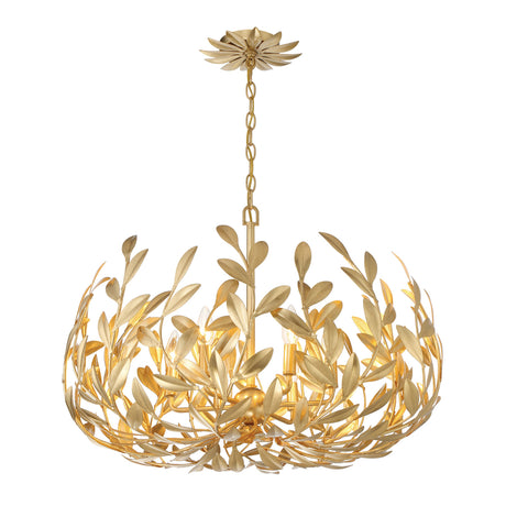 Alison Chandelier 27", Antique Gold, front view showing leafy open frame and flower-shaped canopy on a chain