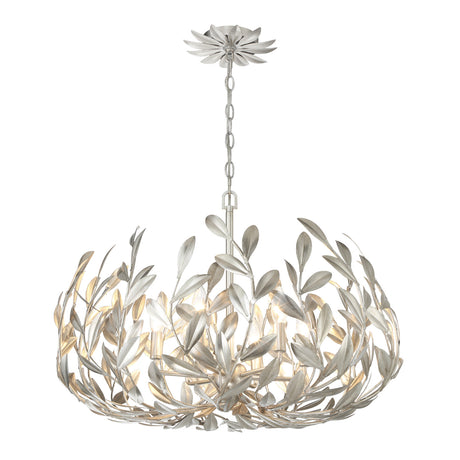 Alison Chandelier 27", Antique Silver, angled view showing exposed bulbs inside the leaf frame