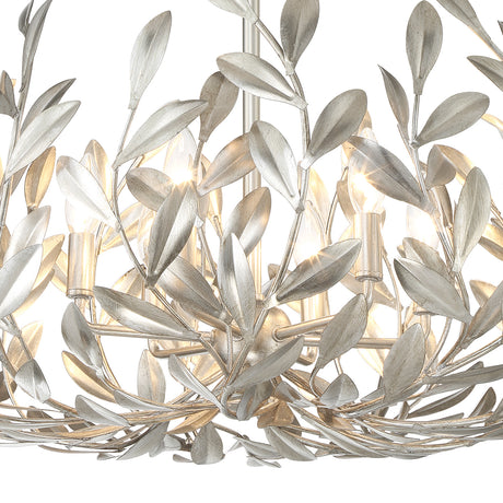 Alison Chandelier 27", Antique Silver, close-up of textured Antique Silver leaves and bulb sockets