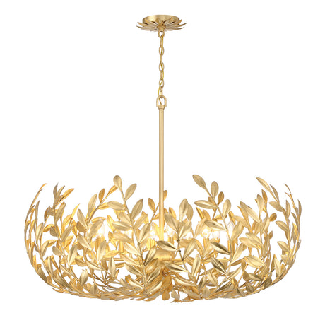 Alison Chandelier 42", Antique Gold, angled view showing the shallow leaf bowl and candle bulbs