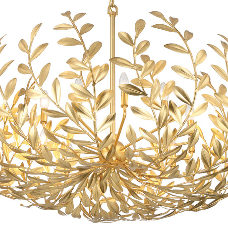 Alison Chandelier 42", Antique Gold, close-up of leaf branches and candle bulbs on the stem