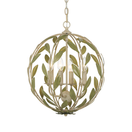 Alison Pendant 16", Antique Sage, angled view of spherical leaf frame, candle bulbs, and chain