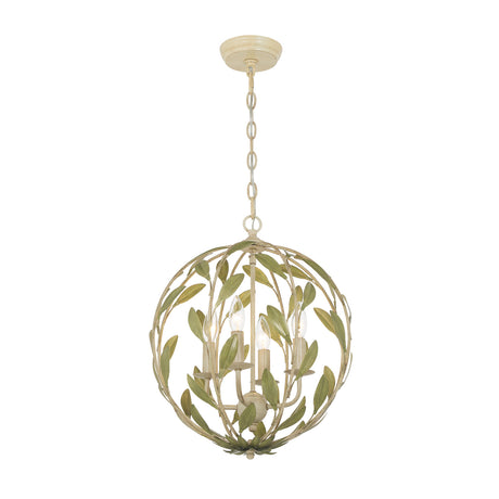 Alison Pendant 16", Antique Sage, front view showing round canopy, chain, and leaf globe with exposed bulbs