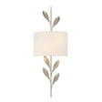 Alison Wall Sconce 24", Antique Silver with Fabric Shade, front view with lit drum fabric shade and leaf-covered stem