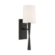 Kellan Wall Sconce 18", Forged Black and White Fabric, three-quarter view showing the arm and white fabric cylinder shade