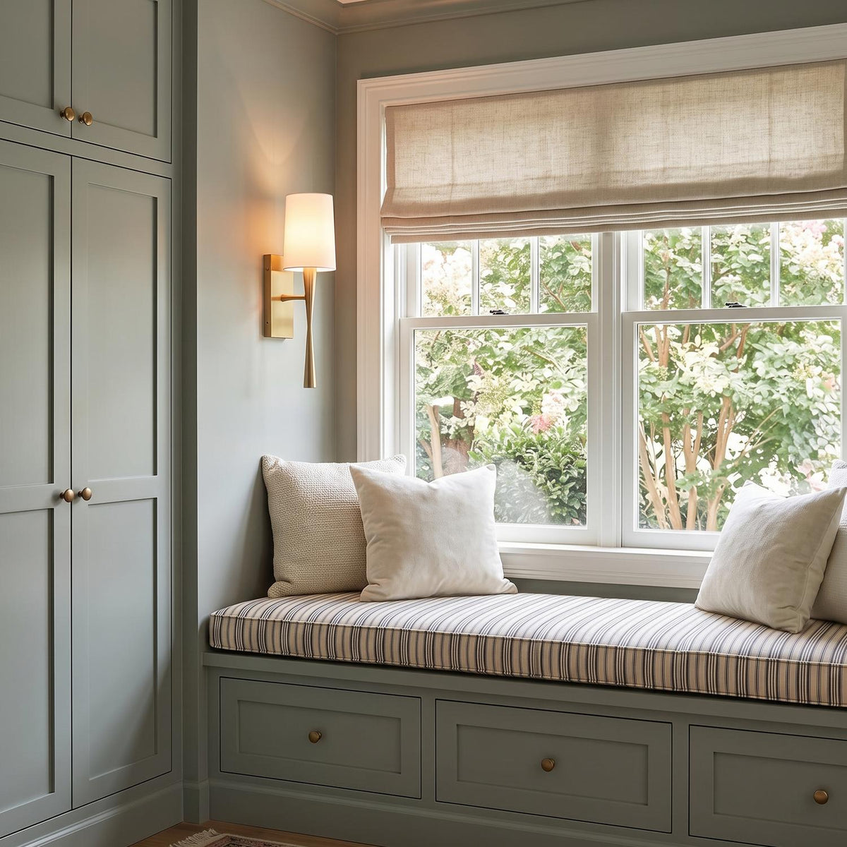 A transitional living room nook featuring the Kellan Wall Sconce 18", Aged Brass and White Fabric mounted beside a built-in window bench with sage green cabinetry.
