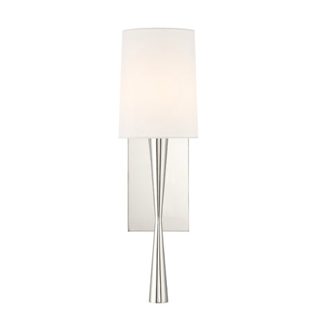 Kellan Wall Sconce 18", Polished Nickel and White Fabric, front view of the white fabric cylinder shade and tapered stem