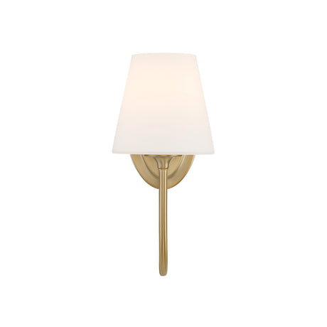 Camira Wall Sconce 13", Aged Brass and Opal Glass, front view with tapered shade above a straight aged brass arm