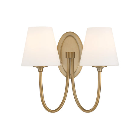 Camira Double Wall Sconce 13", Aged Brass and Opal Glass, front view showing oval backplate and curved aged brass arms