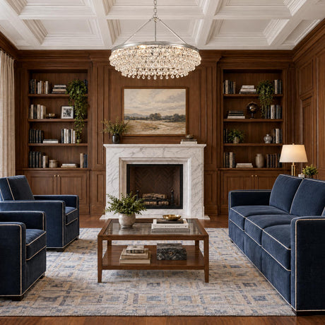 A traditional living room featuring the Betony 6 Light Chandelier 30", Chrome suspended from a white coffered ceiling above blue velvet seating and a marble fireplace.
