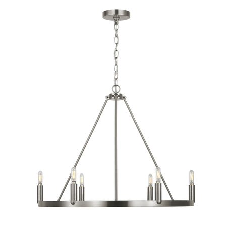 Trenton 6 Light Chandelier 28", Brushed Nickel, front view showing the circular ring, chain, and canopy