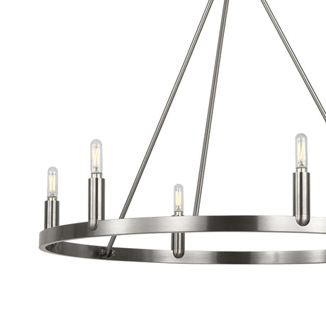 Trenton 6 Light Chandelier 28", Brushed Nickel, close-up of sockets and exposed bulbs on the ring
