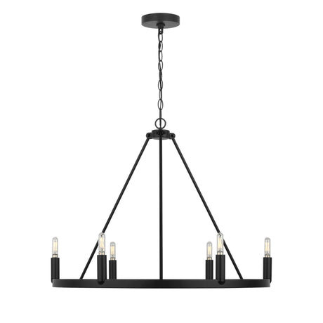 Trenton 6 Light Chandelier 28", Matte Black, angled view of the circular ring, chain, and exposed tubular bulbs