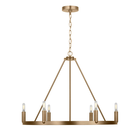 Trenton 6 Light Chandelier 28", Satin Brass, front view showing circular ring, chain, and exposed bulbs
