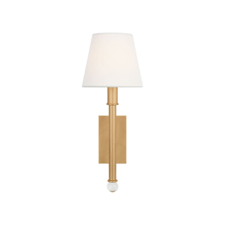 Savannah Wall Sconce 16", Gilded Brass, front view showing a tapered fabric shade and glass finial