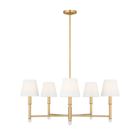 Savannah 5 Light Chandelier 33", Gilded Brass, front view showing white tapered fabric shades on a linear frame