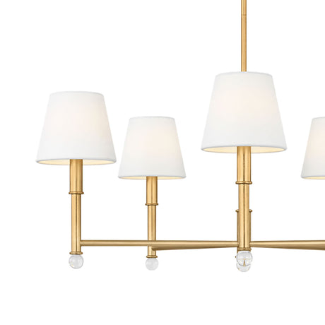 Savannah 5 Light Chandelier 33", Gilded Brass, close-up of tapered fabric shades on gilded brass posts
