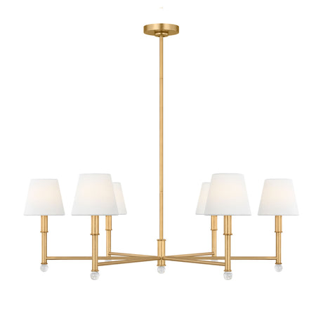 Savannah 6 Light Chandelier 40", Gilded Brass, angled view showing white tapered fabric shades and clear glass finials