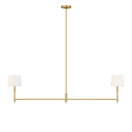 Savannah 2 Light Linear Pendant 56", Gilded Brass, front view showing two white tapered fabric shades on a long bar