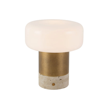 Ralston Rechargeable Table Lamp 7", Vintage Brass and Travertine, angled view, open top of the frosted drum shade