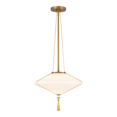 Beverly Pendant 15", Brushed Brass and Opal Glass, angled view showing wide opal glass shade, rod, and tassel