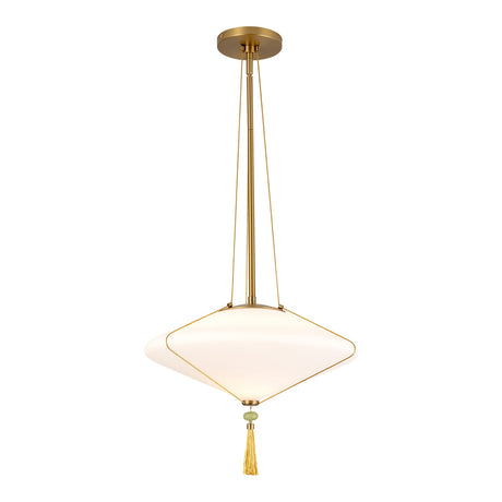 Beverly Pendant 15", Brushed Brass and Opal Glass, front view of the canopy, brushed brass rod, and opal glass shade
