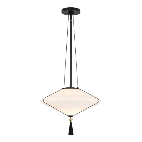 Beverly Pendant 15", Matte Black and Opal Glass, front view of the diamond opal glass shade and tassel