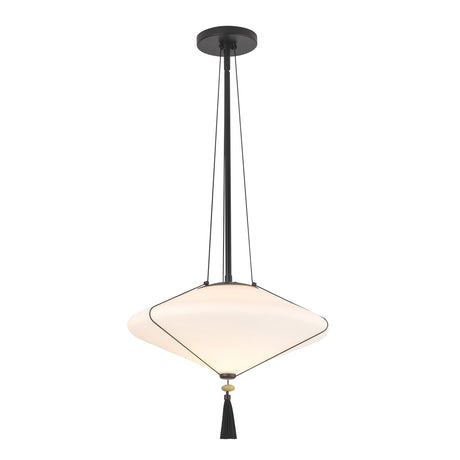 Beverly Pendant 15", Matte Black and Opal Glass, front view showing the shade hung from a round canopy