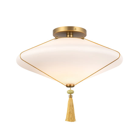 Beverly Semi-Flush 15", Brushed Brass and Opal Glass, front view of opal glass shade, brushed brass canopy, and tassel