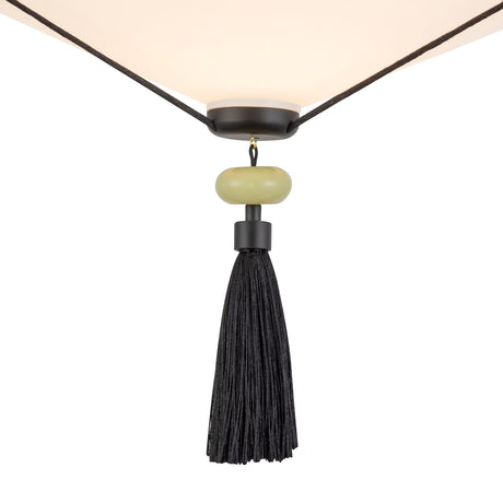 Beverly Semi-Flush 15", Matte Black and Opal Glass, detail of the black tassel and pale green bead under the shade