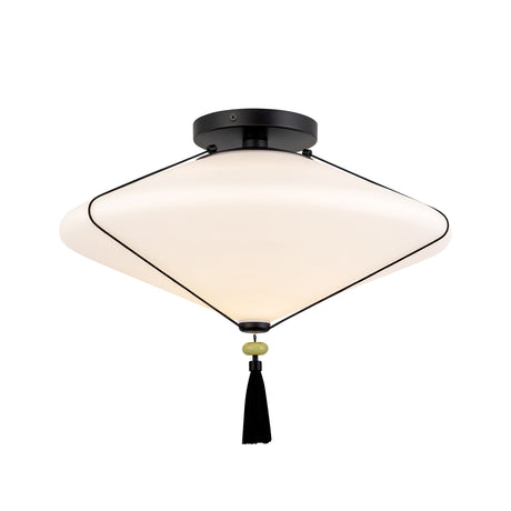 Beverly Semi-Flush 15", Matte Black and Opal Glass, front view showing round canopy and wide opal glass shade with tassel