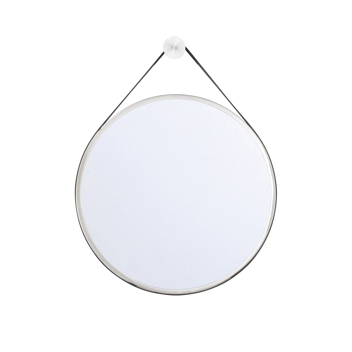 Stamford Round Decorative Mirror 18" x 23", Polished Nickel with Black Leather Strap