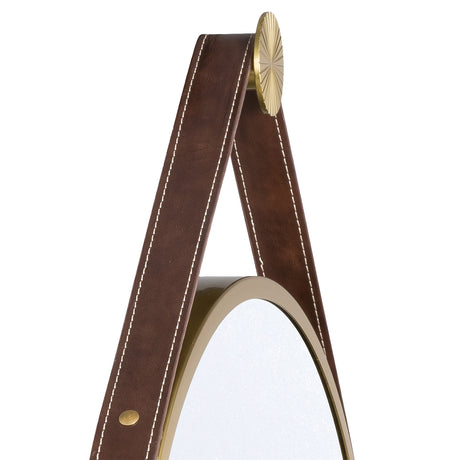 Stamford Round Decorative Mirror 24" x 32", Brass with Brown Leather Strap