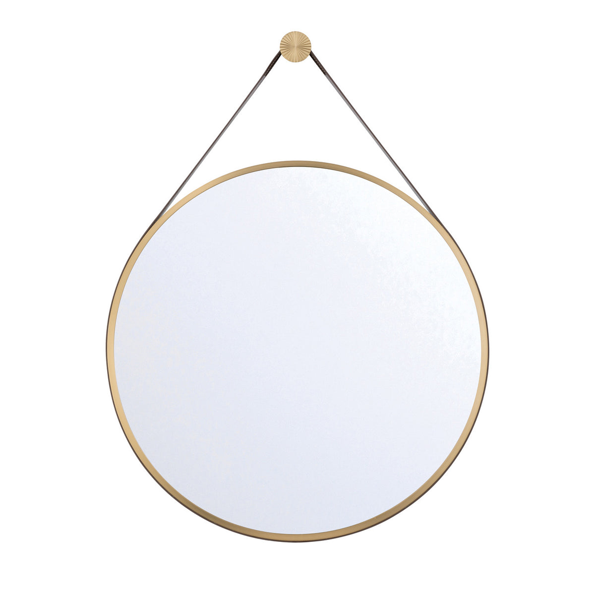 Stamford Round Decorative Mirror 24" x 32", Brass with Brown Leather Strap