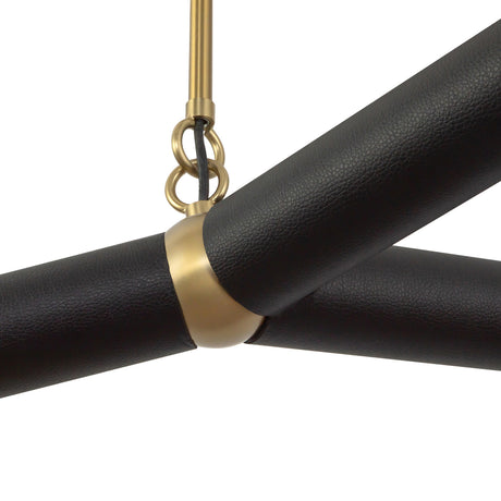 Roswell 3 Light LED Pendant 52", Black Vegan Leather and Brushed Brass, close-up of brushed brass joint and chain