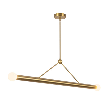 Roswell 2 Light LED Linear Pendant 52", Brushed Brass, three-quarter view of the cylindrical bar and angled rods