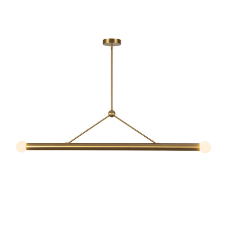 Roswell 2 Light LED Linear Pendant 52", Brushed Brass, front view showing two glowing frosted globe bulbs on the linear bar