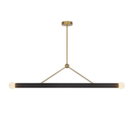 Roswell 2 Light LED Linear Pendant 52", Black Vegan Leather and Brushed Brass, front view, leather cylinder and globe bulbs