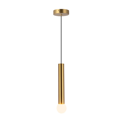 Roswell LED Pendant 5", Brushed Brass, front view showing round canopy, black cord, cylinder, and frosted globe bulb