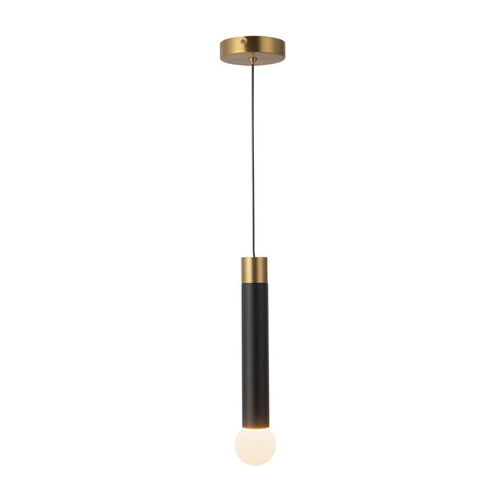 Roswell LED Pendant 5", Black Vegan Leather and Brushed Brass, front view with leather cylinder and glowing globe bulb