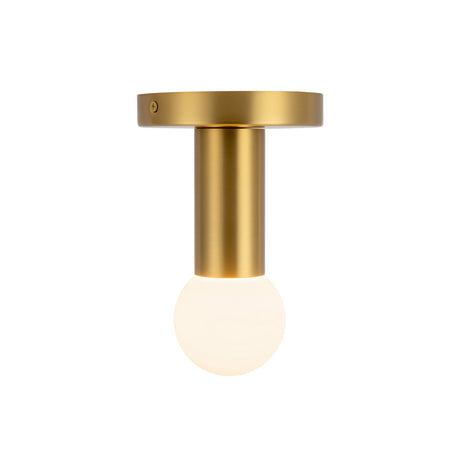 Roswell Small LED Flush Mount 5", Brushed Brass, front view with lit frosted globe bulb and round canopy set screw