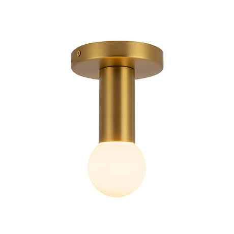 Roswell Small LED Flush Mount 5", Brushed Brass, front view showing round canopy, cylinder stem and frosted globe bulb