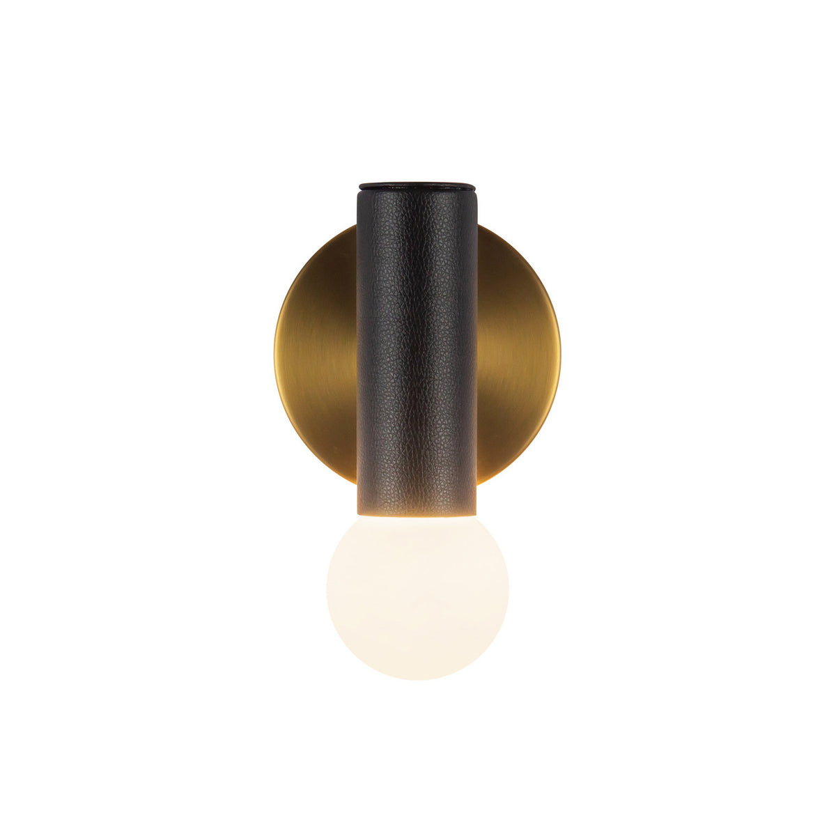 Roswell 1 Light LED Wall Sconce 8", Black Vegan Leather and Brushed Brass