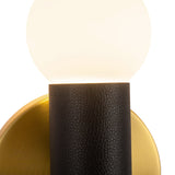 Roswell 1 Light LED Wall Sconce 8", Black Vegan Leather and Brushed Brass