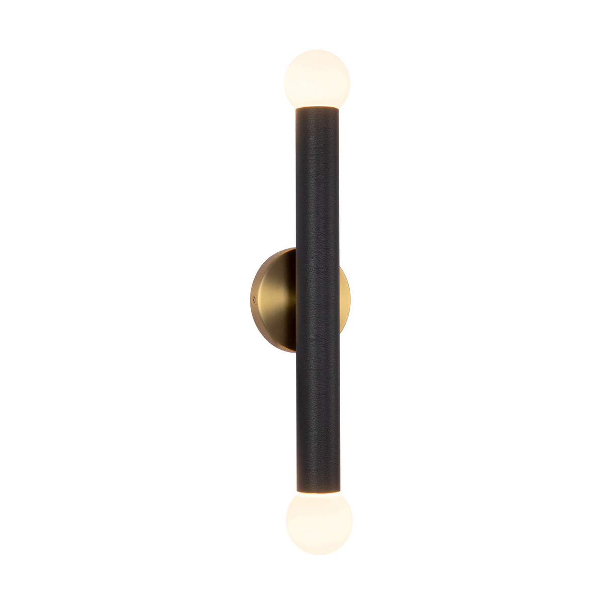 Roswell 2 Light LED Wall Sconce 24", Black Vegan Leather and Brushed Brass
