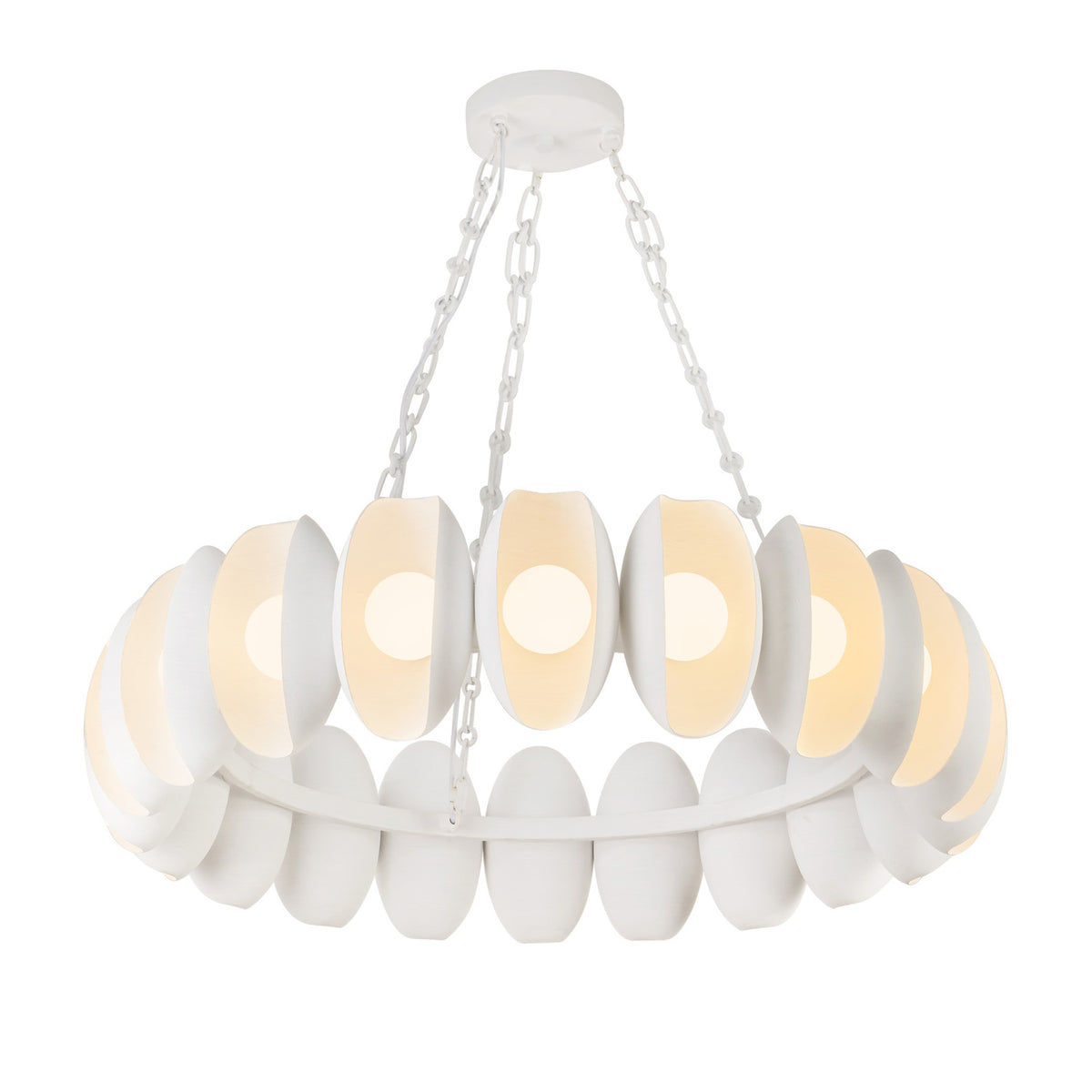 Bolton 20 Light LED Chandelier 37", Antique White, three-quarter view of the round frame and lower oval shades