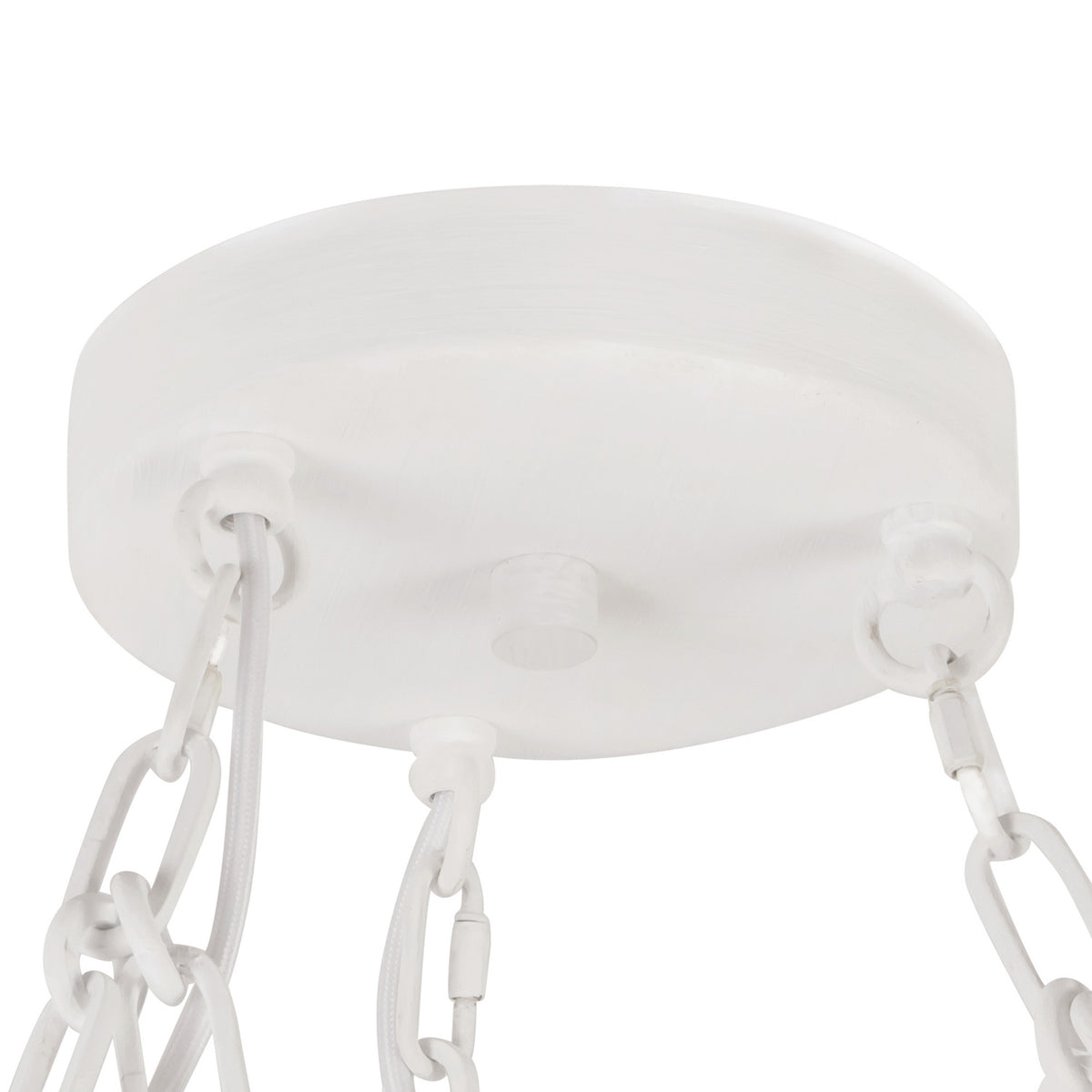 Bolton 20 Light LED Chandelier 37", Antique White, underside view of the round canopy, chain links, and cords
